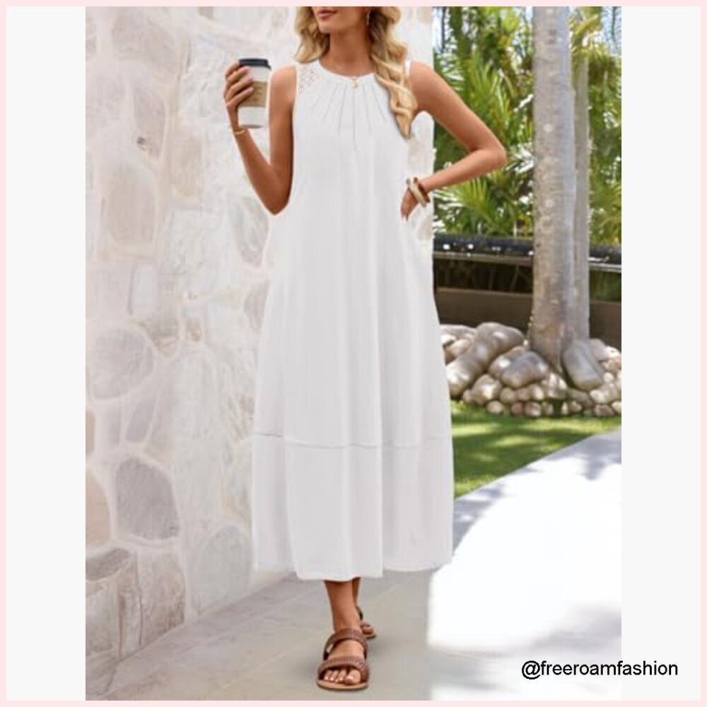 Summer Boho Maxi Dress Sleeveless Pleated Lace Hollow Out Beach Vacation - Picture 4 of 7